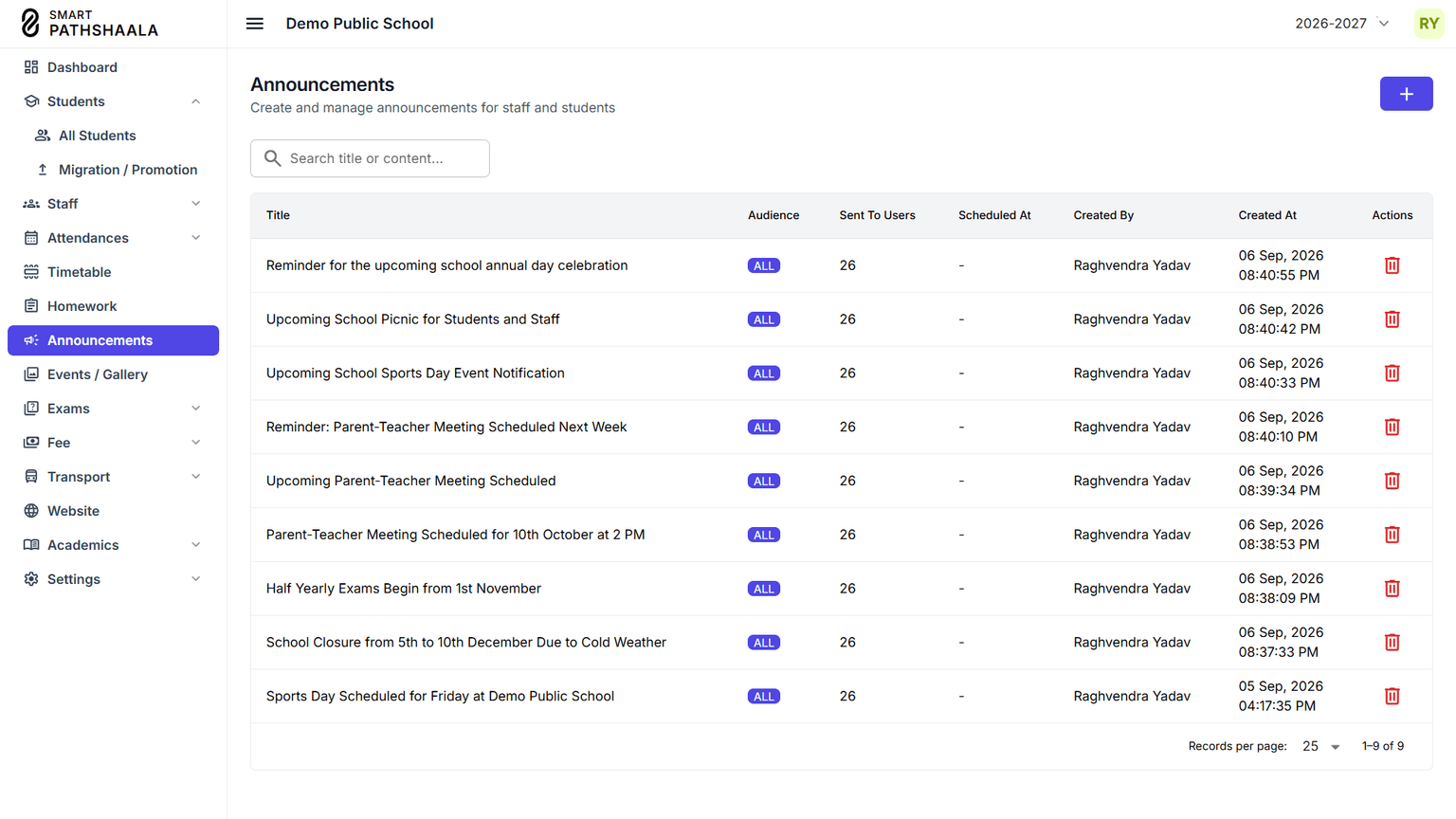 Communication screen listing sent announcements — a holiday notice, an exam reminder, a fee reminder, a school event, and an emergency early-dismissal alert — each showing its audience and delivery time.