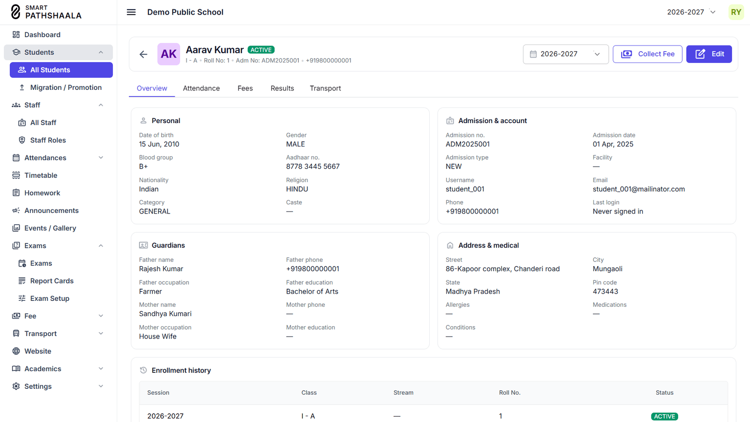 Student profile for Aarav Sharma in Class 8-B, showing personal and parent information, 96.2% attendance, fee status, subject-wise academic scores, and uploaded documents.